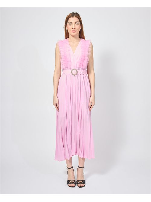 MDM Women's Long Dress with Ruffles and Belt MADEMOISELLE DU MONDE | F527-MDM1348PINK